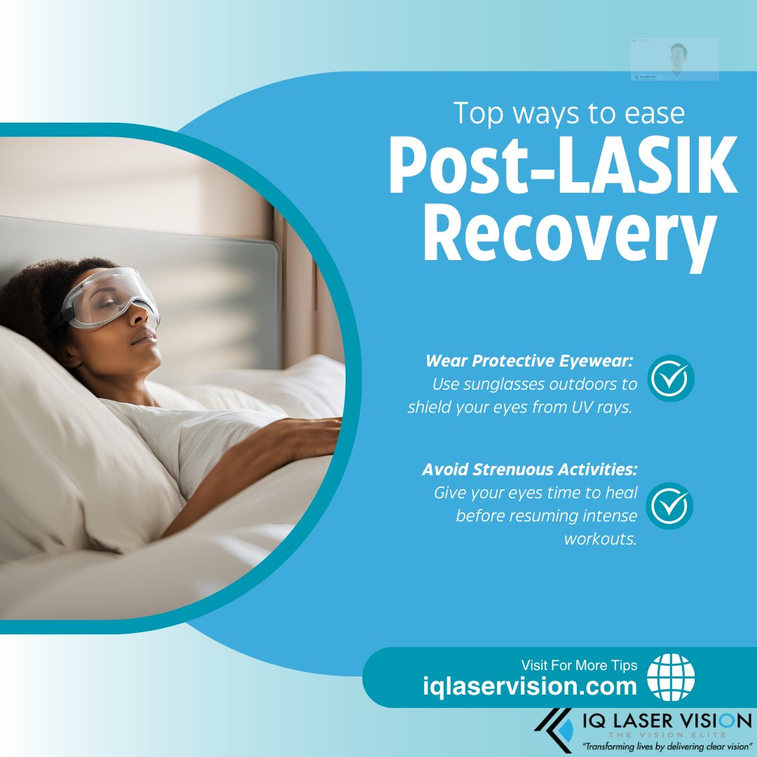 IQLaserVision's tweet image. Had LASIK recently? Check out these top tips for a smooth recovery and get back to enjoying your clear vision in no time! 👁️💤#LASIKRecovery #EyeCare #HealthyVision #IQlaservision