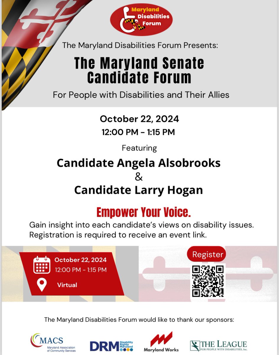 grmsnyder's tweet image. Join us for the Maryland Disabilities Forum: Senate Candidate Forum!  

🗓️ Oct 22, 2024  
⏰ 12:00 PM - 1:15 PM

Hear from @AlsobrooksForMD &amp;amp; @GovLarryHogan on disability issues that matter. Don't miss this chance to empower your voice!  

Register now: lnkd.in/ewF3JYvi