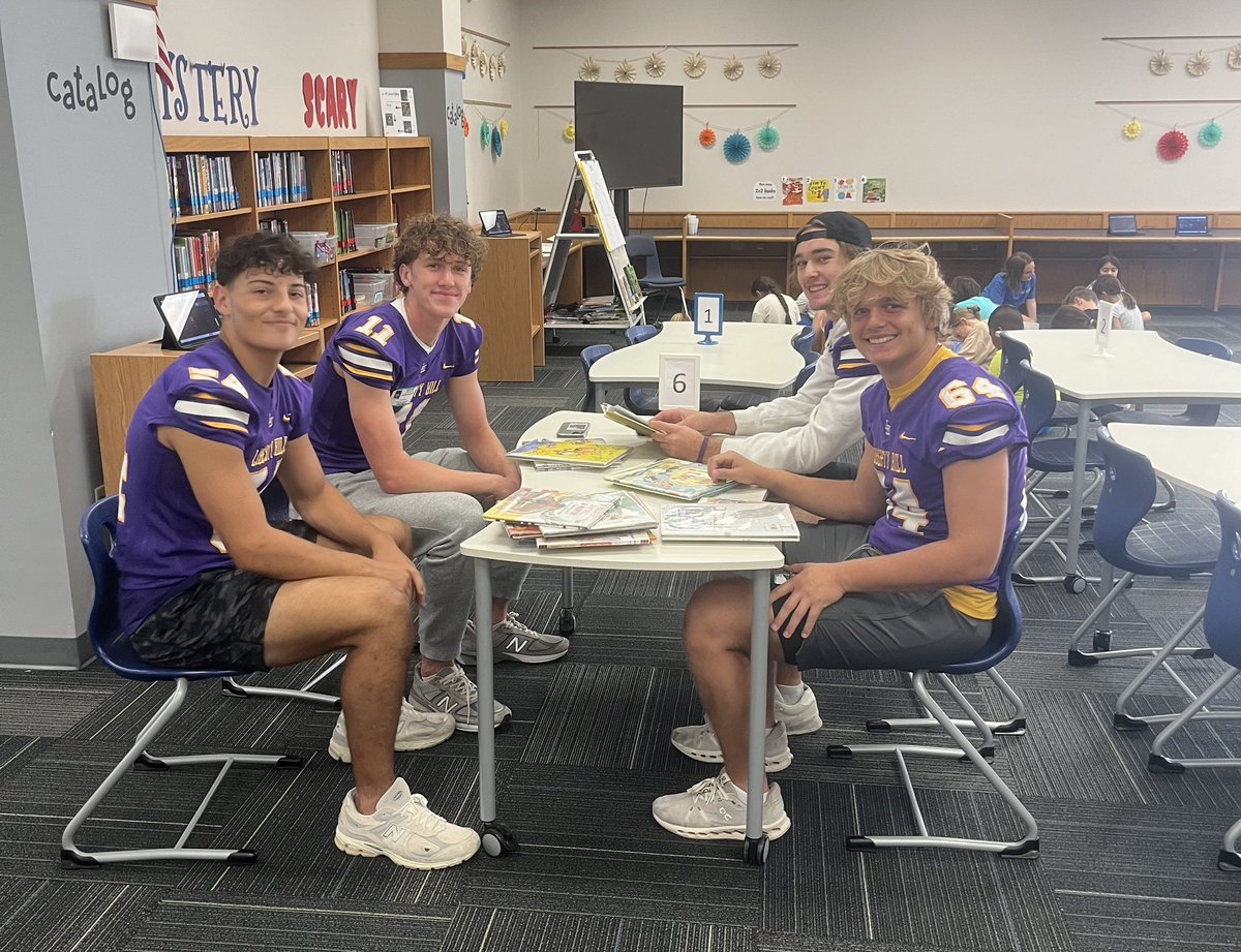 First PantherTales visit of the year with <a href="/bbes_library/">Bill Burden Library</a> and <a href="/LH_Panthers_FB/">Liberty Hill Football</a>!PantherTales pairs up HS organizations with 2nd graders  for reading time and fun. The players were able to read with the kids, play a little dodgeball, and even participate in the fire drill!
