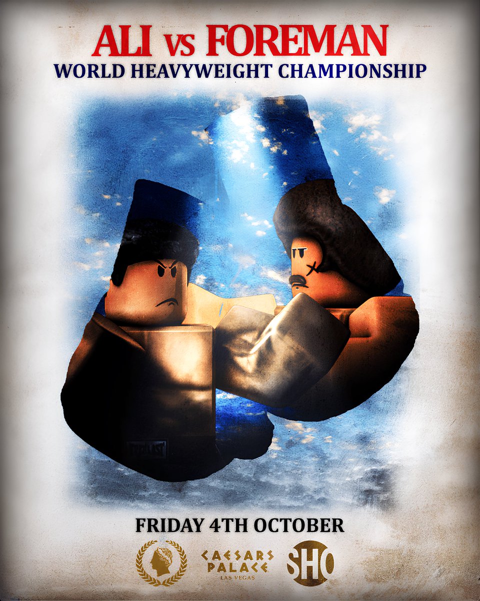 It’s OFFICIAL.

Muhammad Ali VS George Foreman is now ON. 

Watch on Roblox Boxing Beta on discord.gg/robloxboxing

#AliForeman | #caesarspalace