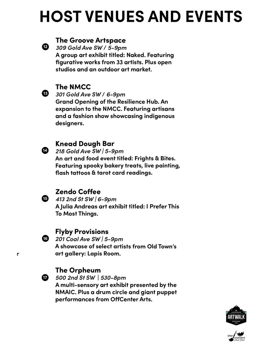 TONIGHT is ABQ Artwalk! Grab our map at listed locations &amp; online to discover all of tonight’s events, featured artists &amp; performances! Kick off the start of spooky season and join us tonight for ABQ Artwalk 5-9pm 👻🎃👻