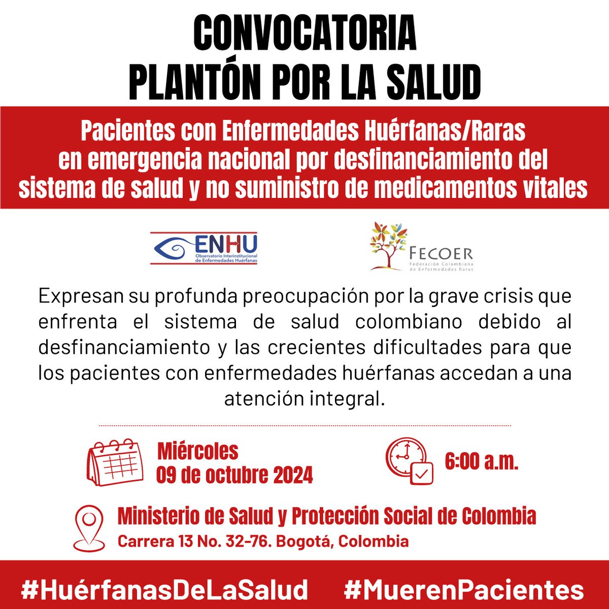 #MuerenPacientes #HuerfanasDeLaSalud Plantón por la salud este miércoles 09 de octubre, en el ministerio de salud. Desfinanciamiento del sistema de salud y la no entrega de medicamentos nos tienen en crisis. Todos somos pacientes. Acompáñenos.