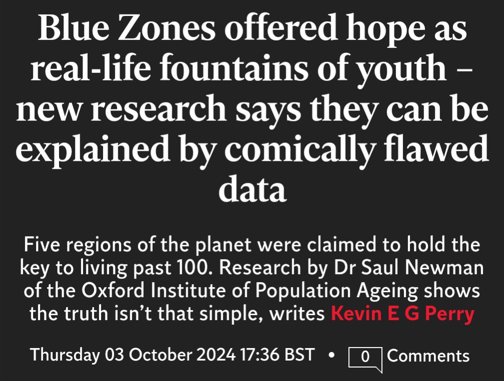 A scientist just won a nobel prize for proving the Blue Zones are fraudulent. 

The first red flag is "Blue Zones Marketing LLC" was founded in 2008. Yep, a marketing company. 

Next, in Sardinia where supposedly all the centenarians live, once you account for the fact that most
