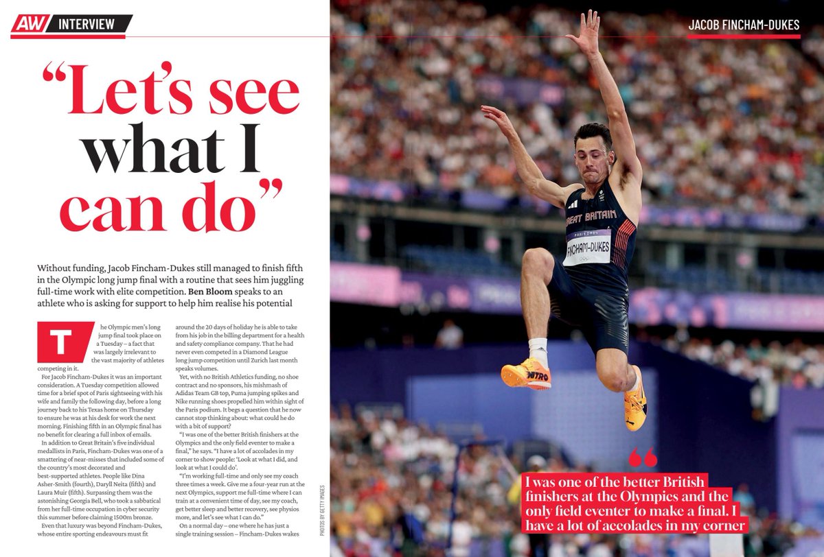Jacob Fincham-Dukes finished fifth in the Olympic long jump final despite no funding, no sponsors, no shoe contract, and a full-time job.

So what could he do with a bit of financial support?

Read the whole interview in the latest <a href="/AthleticsWeekly/">AW</a> here: pocketmags.com/athletics-week…