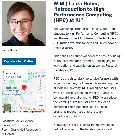 Join us this afternoon (2-4pm) in the SSRC for a Workshop in Methods by Laura Huber on "Introduction to High Performance Computing (HPC) at IU." See more info below.