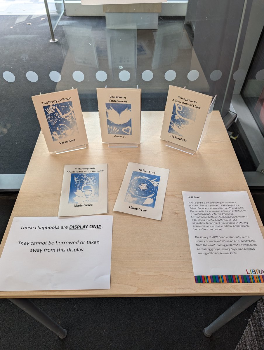 WokingLibrary's tweet photo. Come check out the fantastic display of creative writing, written by prisoners at HMP Send as part of the Chapbook project π which encourages the female prisoners to create fiction, poetry and autobiographical content!
@SurreyLibraries
#chapbook
#hmpsend https://t.co/zSBbrud1SM