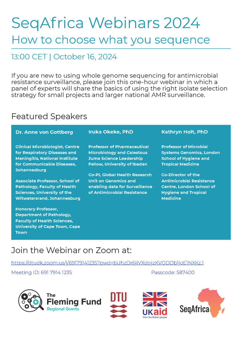 SEQAFRICA (@africaseq) on Twitter photo Save the Date for our Oct 16 webinar with amazing panelists <a href="/iruka_okeke/">Iruka Okeke</a>, Kat Holt from <a href="/LSHTM/">London School of Hygiene & Tropical Medicine</a>, and Anne von Gottberg from <a href="/nicd_sa/">NICD</a>. Join via Zoom dtudk.zoom.us/j/69179141235?…
Meeting ID: 691 7914 1235 Passcode: 587400 Save the Date for our Oct 16 webinar with amazing panelists <a href="/iruka_okeke/">Iruka Okeke</a>, Kat Holt from <a href="/LSHTM/">London School of Hygiene & Tropical Medicine</a>, and Anne von Gottberg from <a href="/nicd_sa/">NICD</a>. Join via Zoom dtudk.zoom.us/j/69179141235?…
Meeting ID: 691 7914 1235 Passcode: 587400