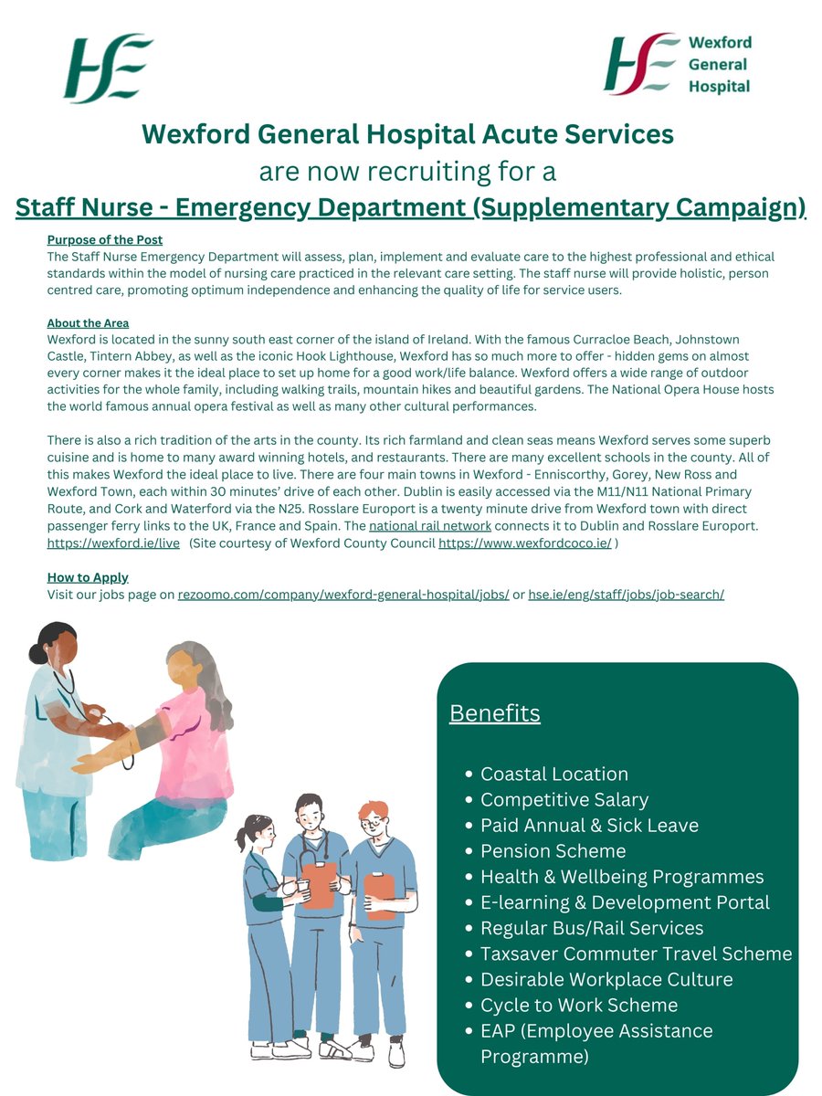 Job opportunity! <a href="/WexGenHosp/">Wexford General Hospital</a> as part of  <a href="/HSEDubSouthEast/">HSE Dublin and South East</a> health region is currently recruiting for the posts of Emergency Department Staff Nurse - (Supplementary Campaign).

Closing date is Friday 18th October, 2024 @ 15:00 p.m.

Further information @ rezoomo.com/job/70725/