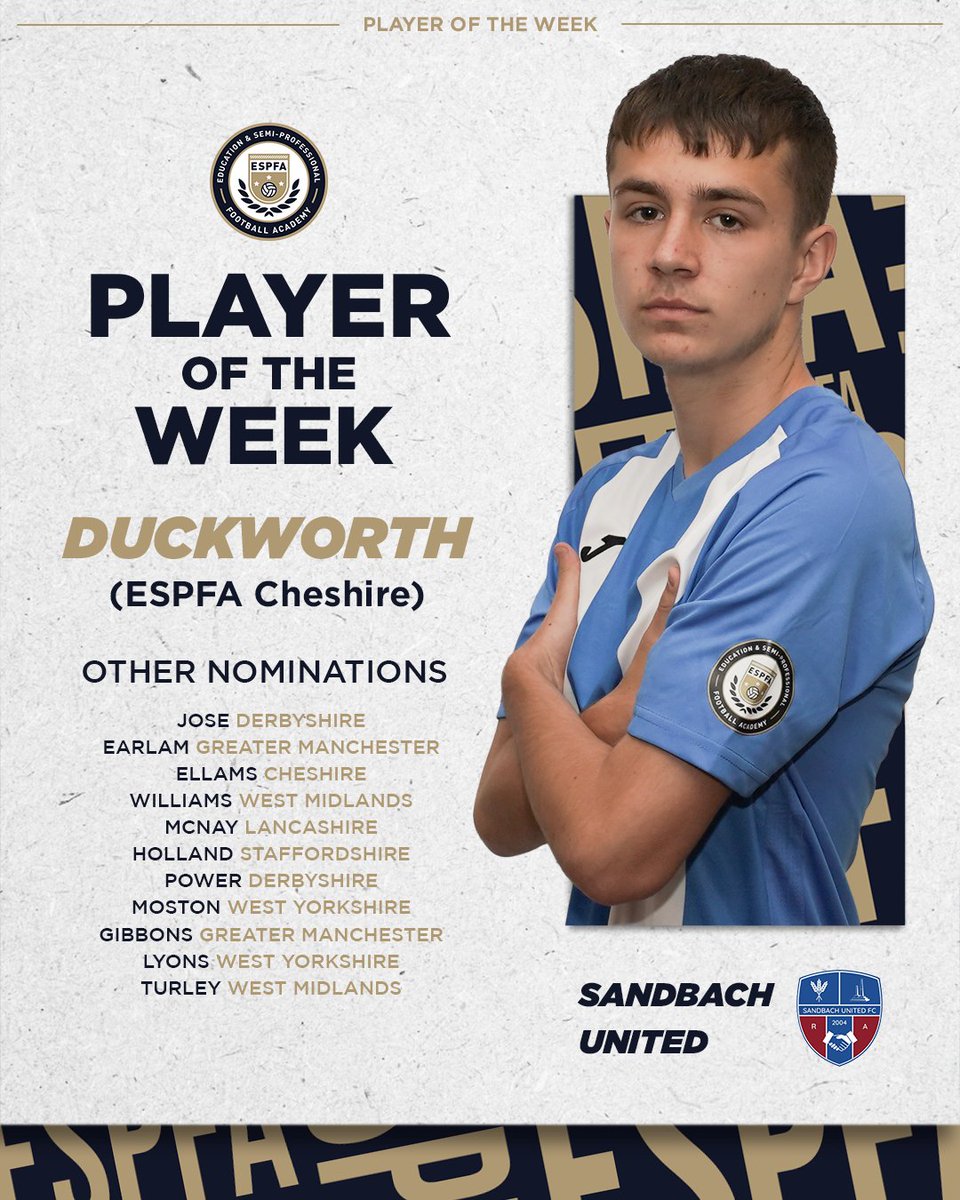 #MatchweekTwo | ESPFA Player of the Week 

Congratulations to ESPFA Cheshire (<a href="/SandbachFC_1st/">Sandbach United - 1st Team ⚽️</a>)  student Luke Duckworth 👏