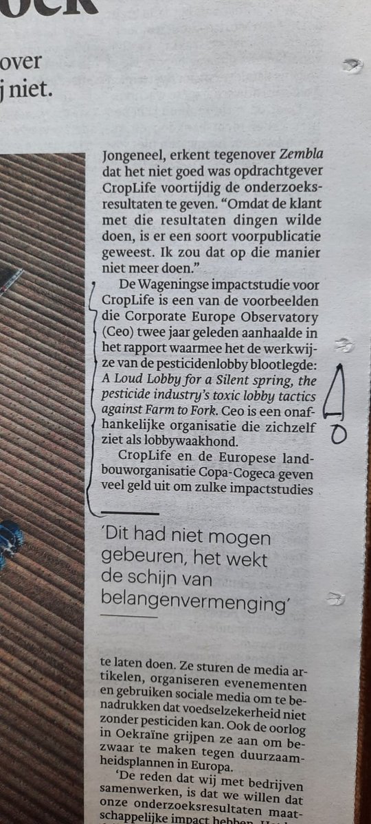 nina_holland's tweet image. Today in Dutch daily Trouw. Wageningen University says sorry for paid collaboration with pesticide lobby Croplife, helping them to destroy #EUFarmtoFork and #pesticide reduction law. Important, but too late. Huge damage to environment,  farmers health, is done.