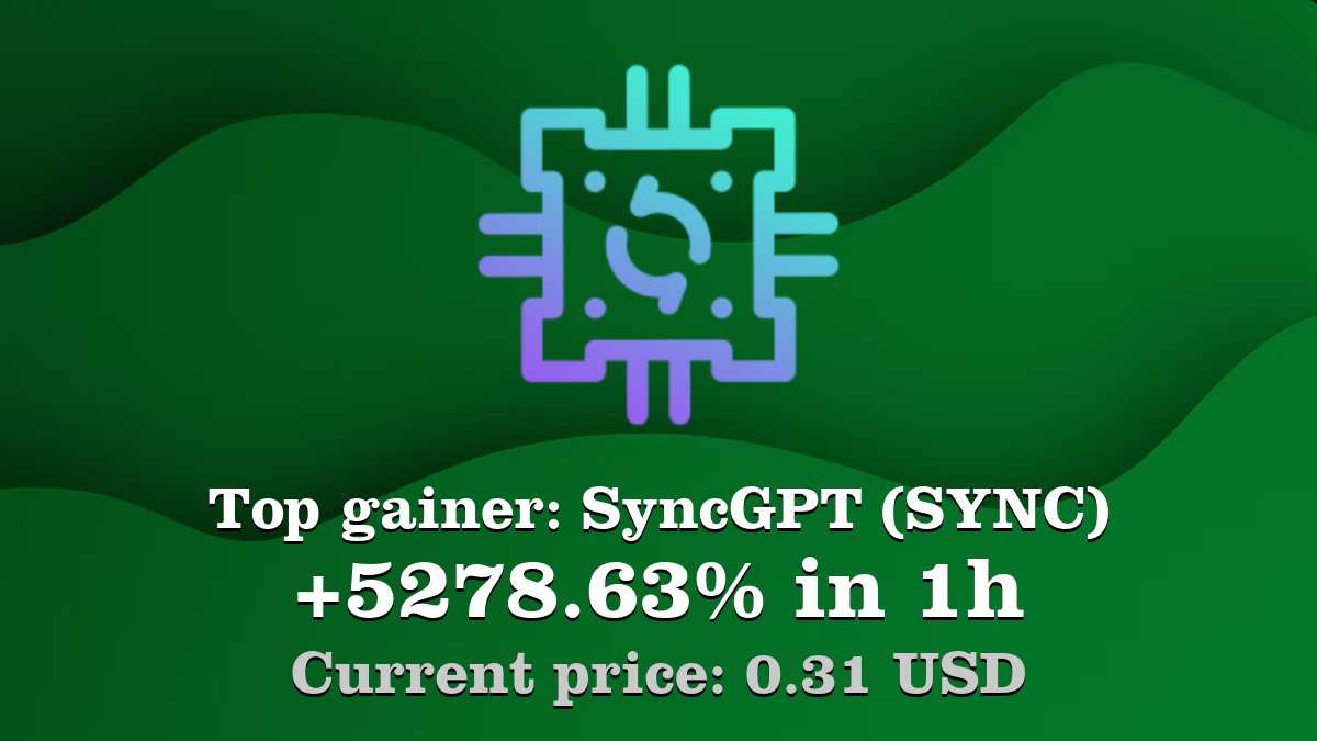 Coinwink's tweet image. Top gainer: #SyncGPT #SYNC $SYNC increased by 5278.63% in 1h! Create your SYNC #crypto alert: coinwink.com/sync