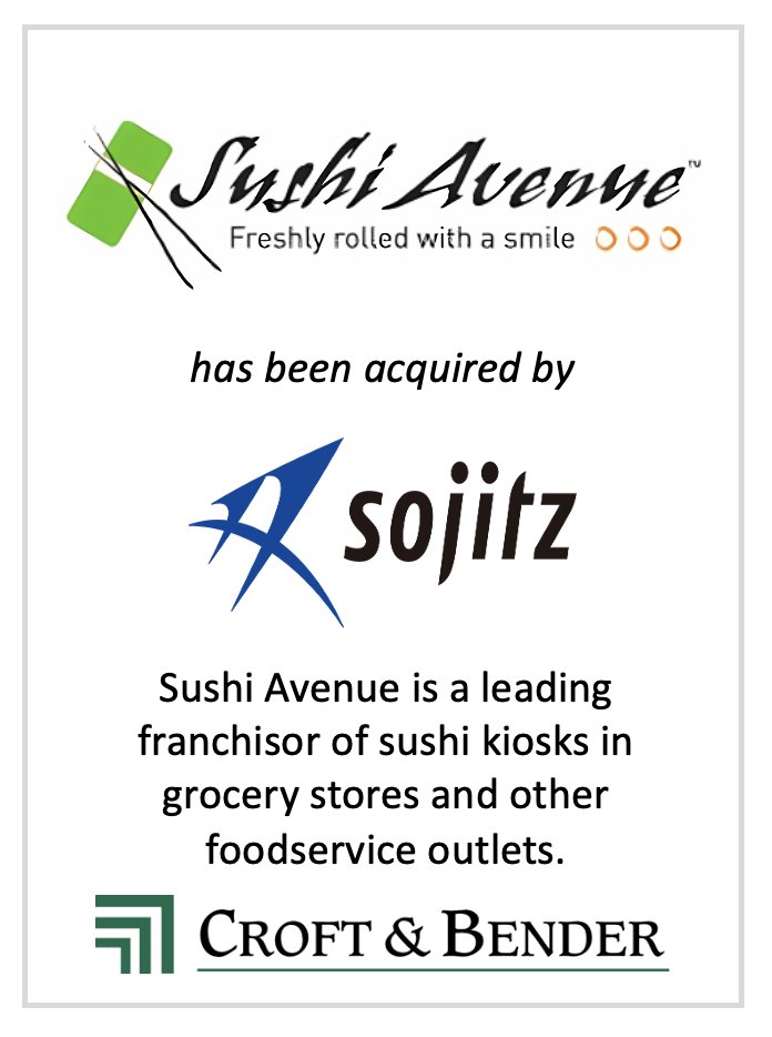 CroftBender's tweet photo. Croft & Bender is pleased to announce the successful sale of Sushi Avenue to Sojitz Corporation!  Sushi Avenue, based in Eagan, MN, is a top provider of turnkey sushi kiosk programs across the U.S., partnering with blue-chip supermarket chains in 300+ locations. 🍣

Croft & Bender served as the exclusive financial advisor on this transaction. For more info, contact Neale Fisher or Connor Boston.

#MergersAndAcquisitions #InvestmentBanking #Sushi #FoodService