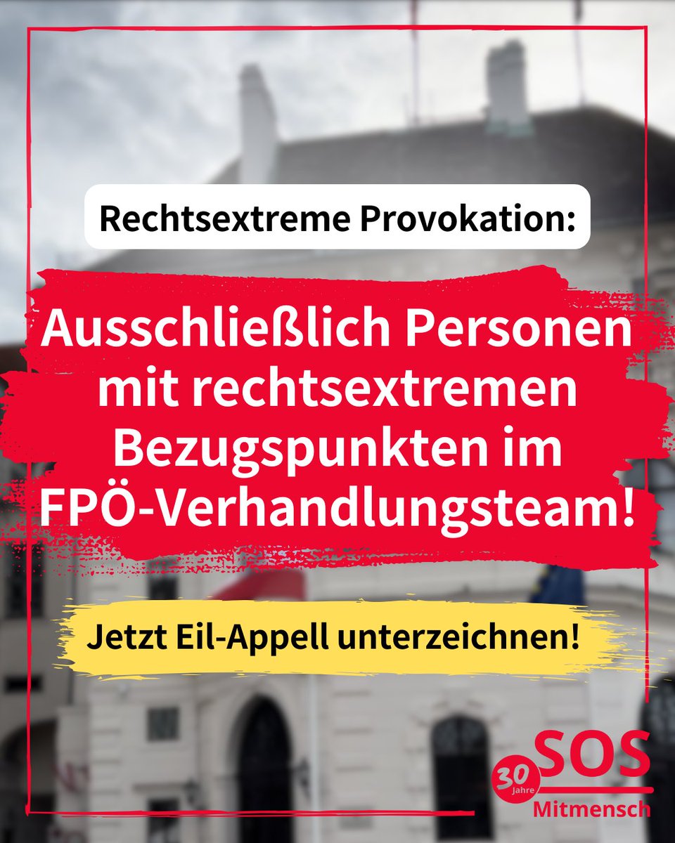 Die FPÖ hat für ihr 7-köpfiges Verhandlungsteam ausschließlich Personen mit rechtsextremen Bezugspunkten nominiert! Allein 4 davon Mitglieder einschlägiger Burschenschaften. Solche Personen dürfen KEINE Regierungsverantwortung bekommen! JETZT unterzeichnen brandmauer.at