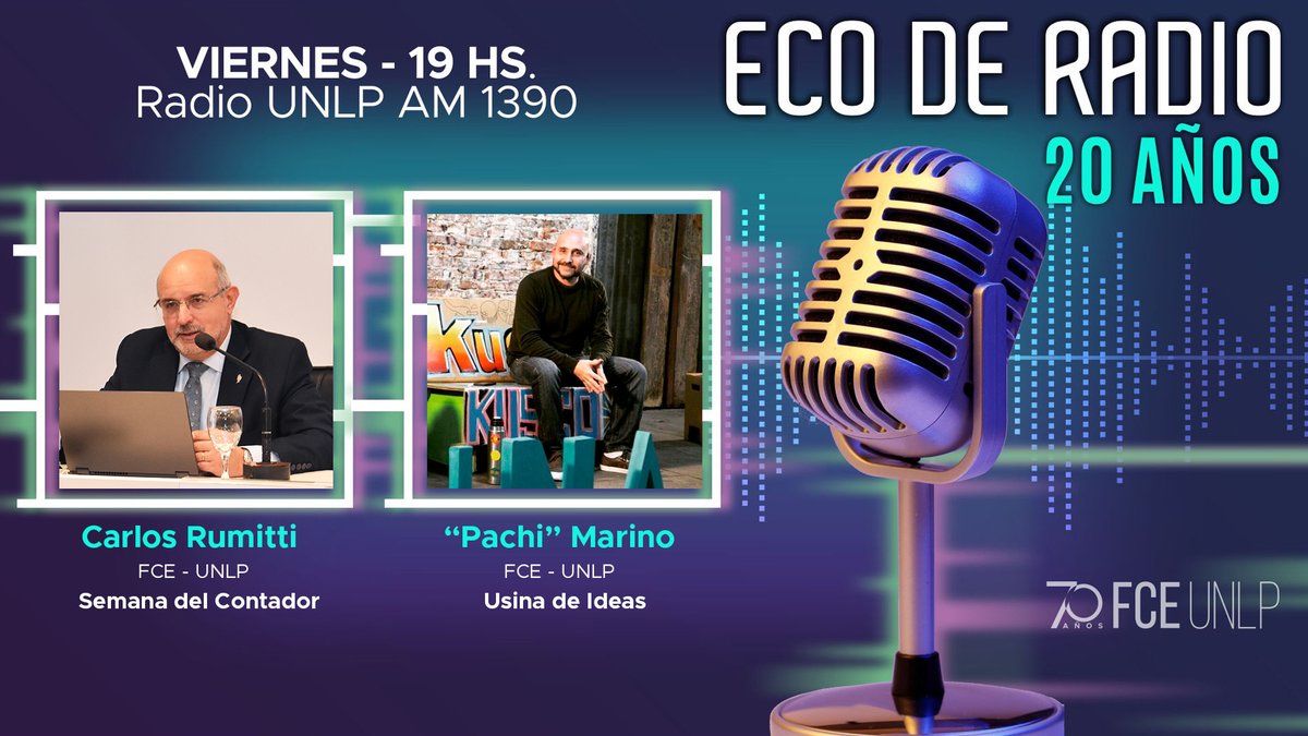 🎙️#EcoDeRadio
🗓️HOY 🕖19hs
👥Entrevistaremos al director del @DepCont_FCEunlp, Cr. Carlos Rumitti, sobre la #SemanaDelContador 2024; y conversaremos con el Lic. <a href="/PachiMarino/">Pachi Marino</a> sobre las actividades de <a href="/UsinadeIdeasFCE/">UsinadeIdeasFCEUNLP</a> 
📻Escuchá @RadioULaPlata en: stream.radiouniversidad.unlp.edu.ar/public/am1390