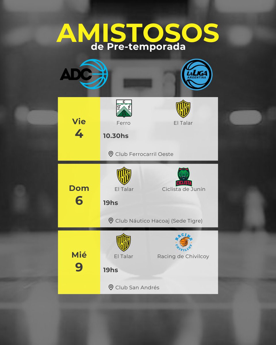 La Liga Argentina 🏀 comienza en pocos días y en la puesta a punto, El Talar 🟡⚫️ disputará los siguientes amistosos ➡️

#ElTalar #LigaArgentina #basketball