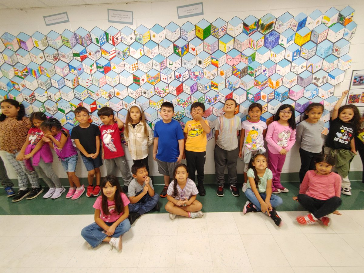 MsRomanArtClass's tweet image. Our mural is finished! Students created a collaborative mural in the style of artist ThankYouX. Each student designed a cube that represents themself. The message of our mural is that when we work together, we build eachother up! @D59Rupley