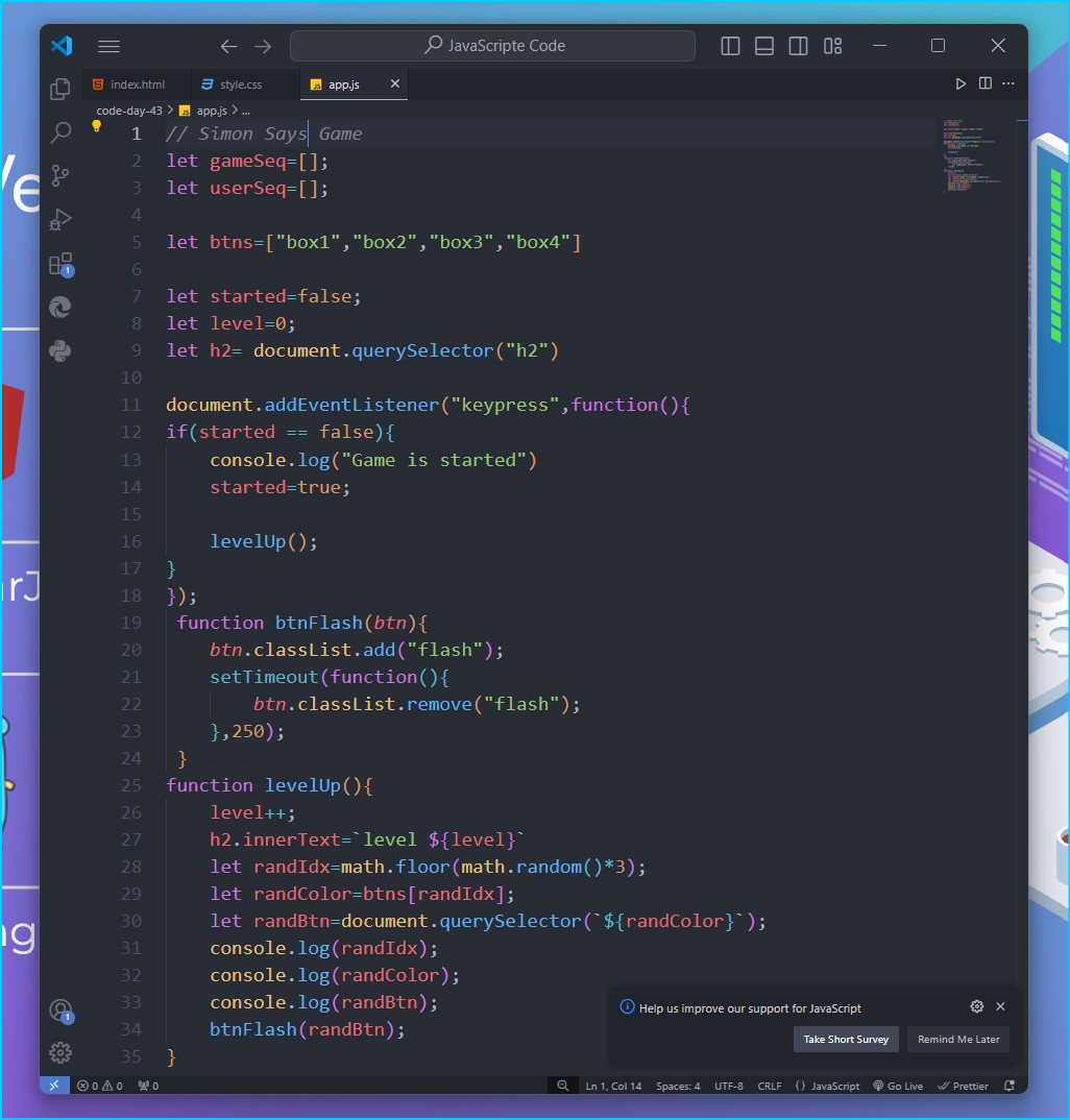 TauhidShekhar's tweet photo. Simon Says Game Creating  and used to HTML, CSS, JavaScript
JavaScript Challenge ✈️ Day 43  #Day43_Challenge #codeOfChallenge ✈️

Topic Covered:-
1. Start game Page
2. Flash Buttons methods

Course:- Delta Batch 3.0
Thanks For Mentors ❤️🙏
@ApnacollegeX 
@ShradhaKhapra_ https://t.co/BsiySbKwQ8