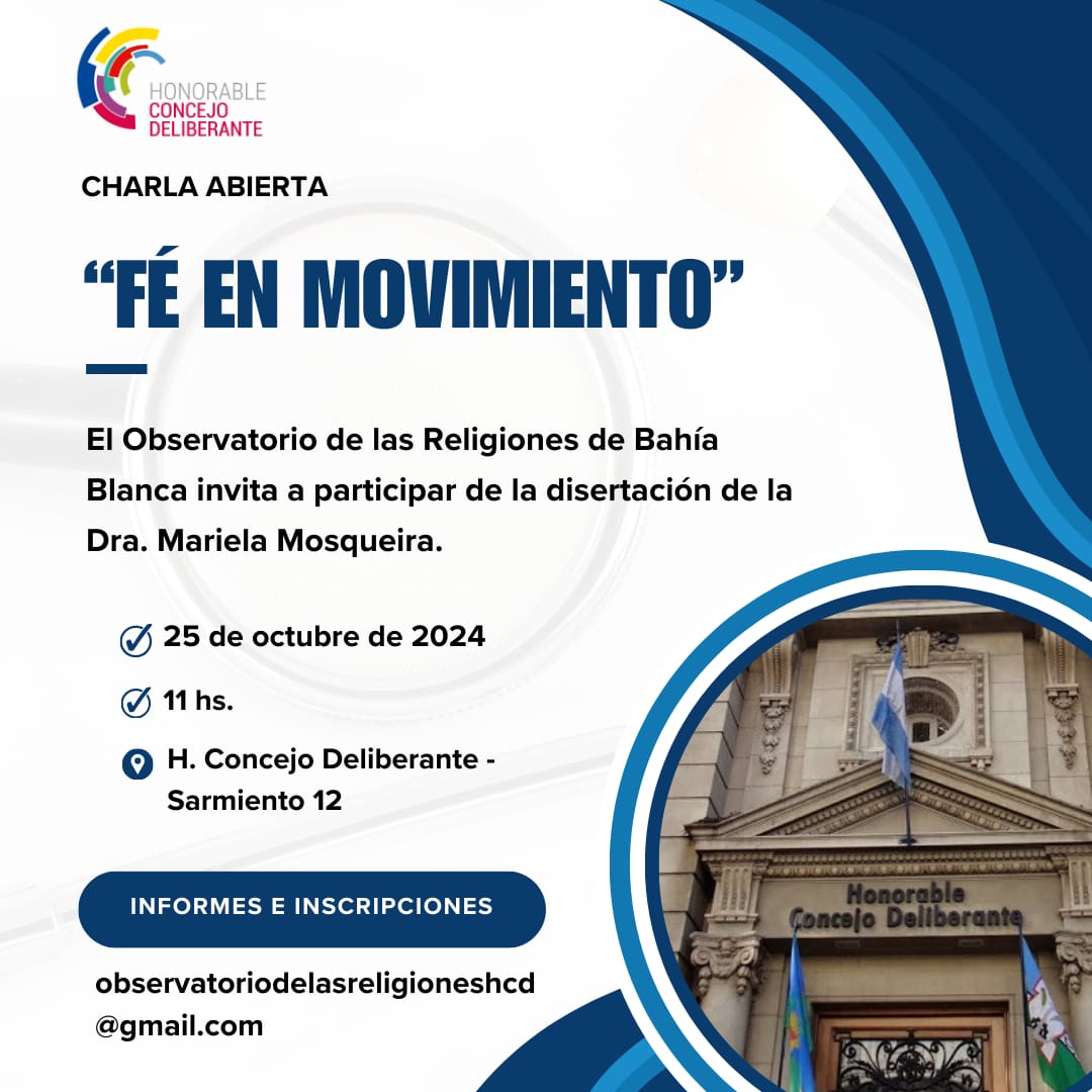 ¡Muy pronto en Bahía Blanca celebrando la inauguración de Observatorio de las Religiones y presentando nuestra investigación "Fe en movimiento"! 
Gracias al Consejo Deliberante y a la Mesa de Diálogo Interreligioso e Intercultural por la invitación y el trabajo colaborativo  🙌✨