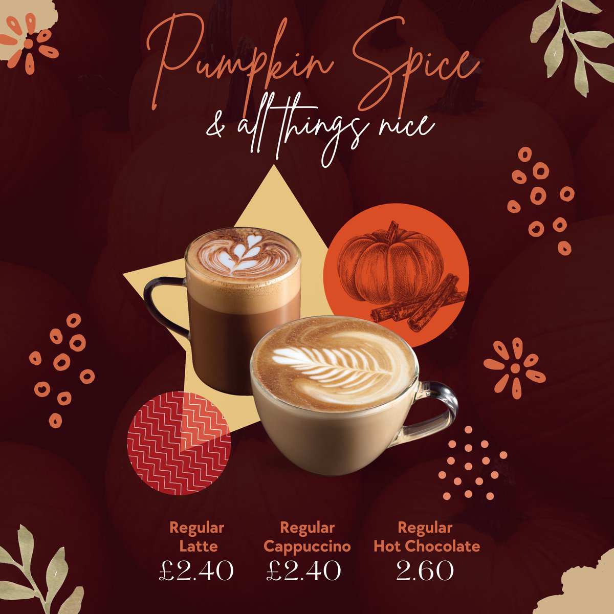 🍂🎃 Pumpkin Spice &amp; All Things Nice! 🎃🍂

The Pumpkin Spice Collection is here! 
7th Oct to 10th Nov at Cafe Cadman, The Catalyst, Dudley's Stafford, &amp; Lichfield Coffee Shop! 🍁

☕️ Pumpkin Spice Latte - £2.40
☕️ Cappuccino - £2.40
🍫 Hot Chocolate - £2.60
#LoveToEatAtStaffs 🎃