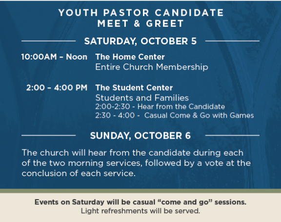 FBC_Madison's tweet photo. Don't forget we have meet &amp; greets for our Youth Pastor candidate this Saturday! Stop by and say hello! https://t.co/HaFrFeCjCo