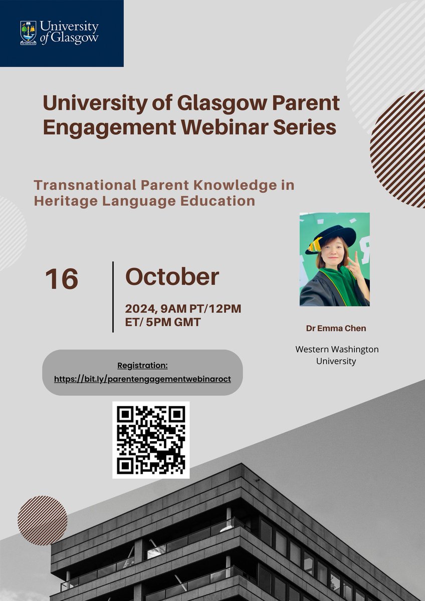 Interested in the role of parents in heritage language education? Do not miss the upcoming parent engagement webinar <a href="/UofGEducation/">School of Education</a> on October 16 at 9am PT/12pm ET/5pm GMT with <a href="/EmmaXChen1/">Dr. Emma Chen 陈星</a>  Register here bit.ly/parentengageme…