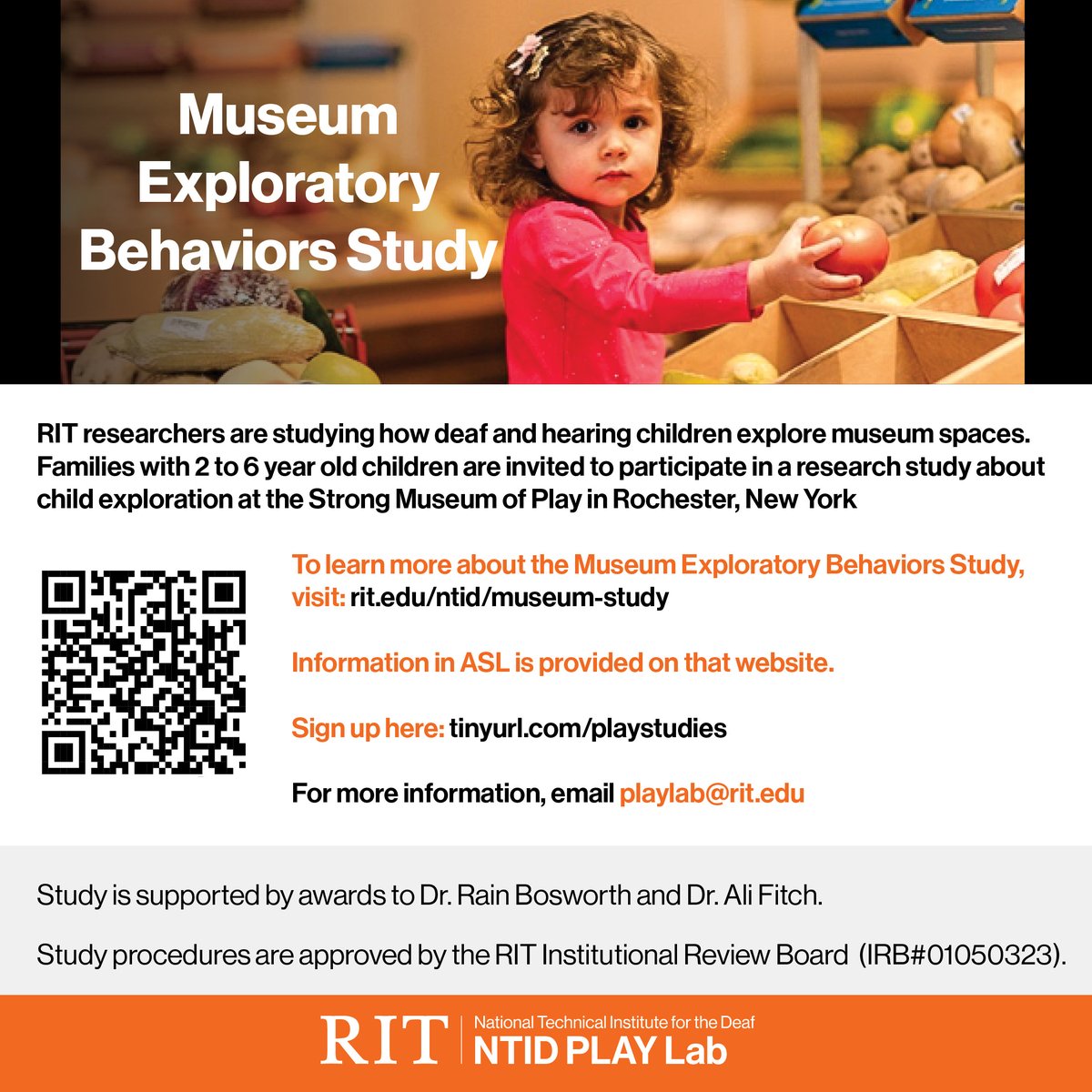 PLAYlab (@ntidplaylab) on Twitter photo RIT researchers are studying how deaf and hearing children explore museum spaces. Families with 2 to 6 year old children are invited to participate in a research study about child exploration at the <a href="/museumofplay/">The Strong Museum</a> in Rochester, New York.
To learn more:
rit.edu/ntid/museum-st…. RIT researchers are studying how deaf and hearing children explore museum spaces. Families with 2 to 6 year old children are invited to participate in a research study about child exploration at the <a href="/museumofplay/">The Strong Museum</a> in Rochester, New York.
To learn more:
rit.edu/ntid/museum-st….