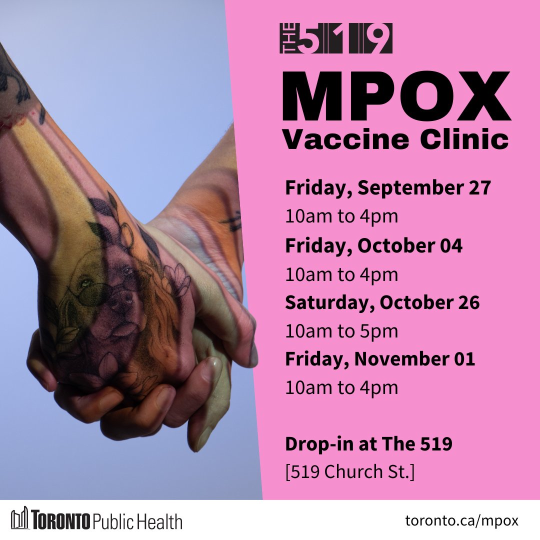 📢 #Mpox vaccinations are available today at <a href="/The519/">The 519</a>!📢 

🚶‍♂️ Walk-in only. 
🕙 From 10 AM to 4 PM. 

Learn more: toronto.ca/mpox