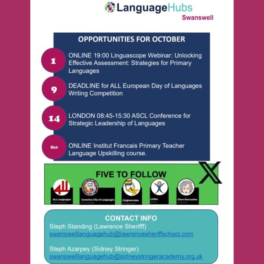 covwarkstshub's tweet photo. Check out the Swanswell Language Hub's Oct Primary Newsletter!
@SwanswellLH #LanguageHub #MFL #ModernForeignLanguages #LanguageTeachers #PrimaryTeachers @covlanguages @linguascope #EuropeanDayOfLanguages @ALL4languages @lisibo @valleseco https://t.co/ptwcyOitYw