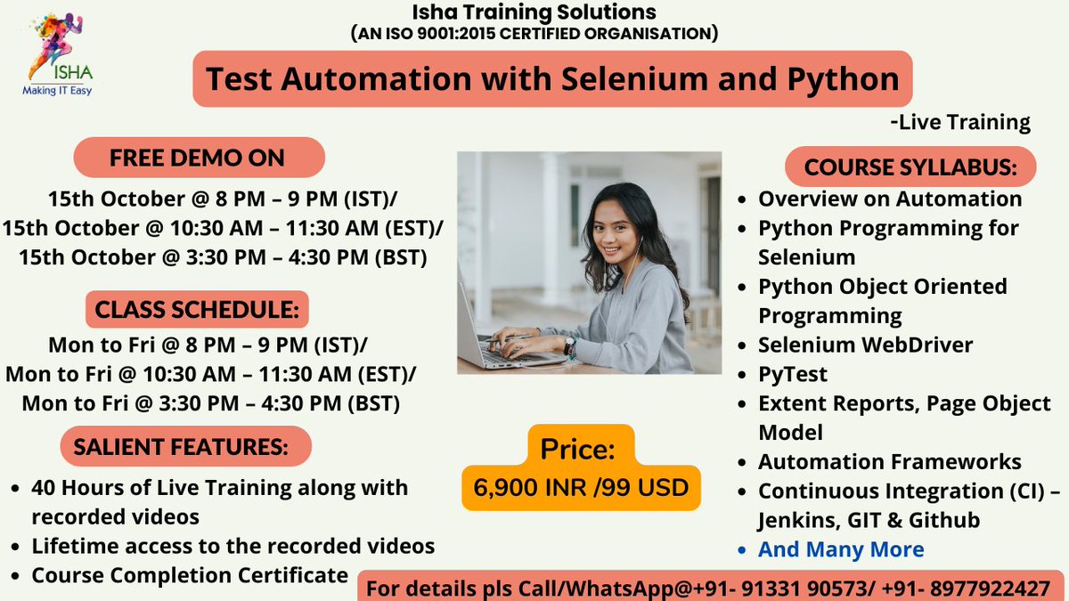 IshaKumargupta's tweet image. Isha Training Solutions presents “Test Automation with Selenium and Python”– Live Training.
Free Demo On:15th October @ 8 PM(IST)/15th October @ 10:30 AM(EST)
you can register by joining the below Link
docs.google.com/forms/d/e/1FAI…
call/WhatsApp @ +91- 91331 90573
#SeleniumJava