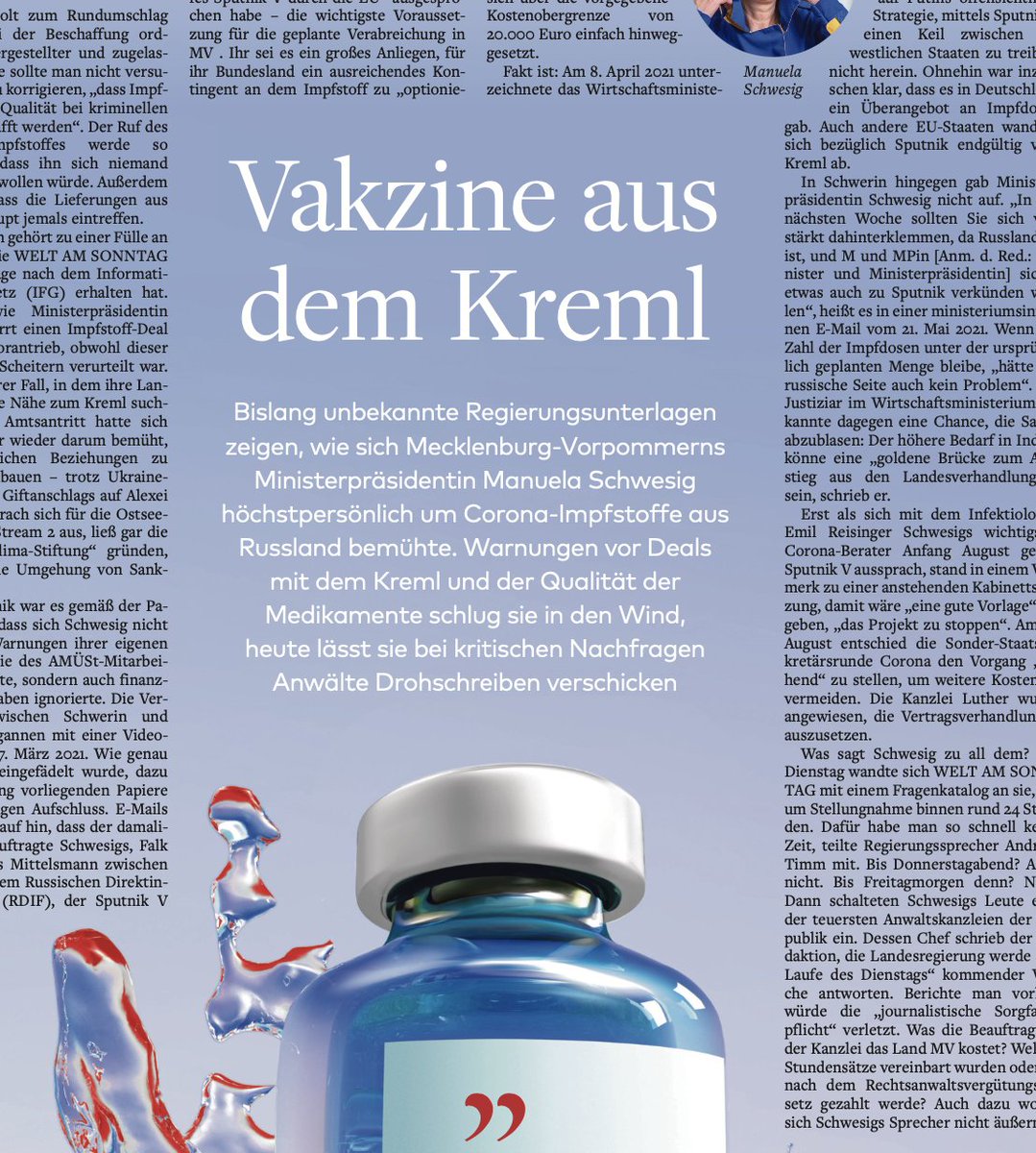 🔴 Exklusiv: Uns liegen bislang geheime Unterlagen der Landesregierung von <a href="/ManuelaSchwesig/">Manuela Schwesig</a> vor, die zeigen, wie die Ministerpräsidentin gegen alle Widerstände Impfstoffe aus 🇷🇺 wollte – und sich sogar bei <a href="/vonderleyen/">Ursula von der Leyen</a> für den Hersteller eingesetzt hat. Morgen in <a href="/WELTAMSONNTAG/">WELT AM SONNTAG</a>!