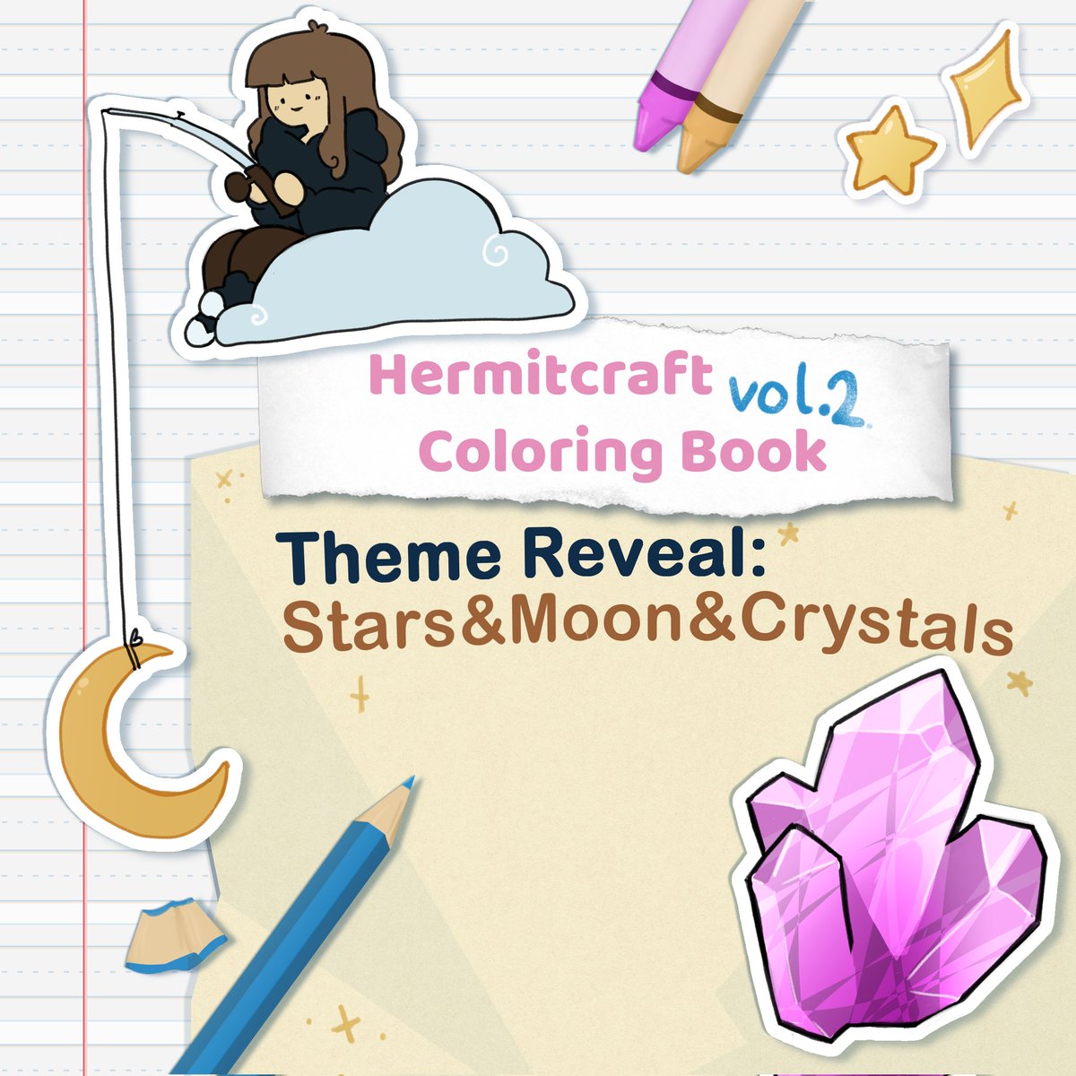 HermitColoringB's tweet photo. Who's ready for this edition of the Hermitcraft Coloring Book? I know I am! This year, our theme is Stars, Moons and Crystals! Be on the lookout for more information to come, including when applications are opening. #Hermitcraft #fanzine https://t.co/scQTFx2zf8