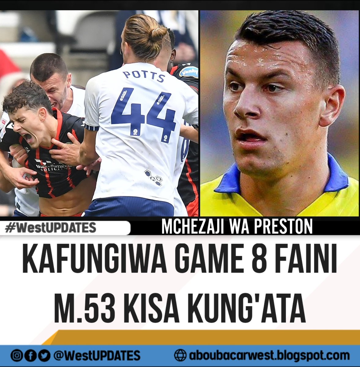 West_Updates20's tweet photo. FA imemfungia mechi 8 na faini ya £15,000 [ Tsh Milioni 53] mchezaji wa Preston North End ,Milutin Osmajić kwa kosa la  kumng’ata beki wa Liverpool anayechezea Blackburn kwa mkopo kwenye mchezo wa EFL Championship mwezi uliopita.#WestUPDATES https://t.co/kbQb4t6xSV
