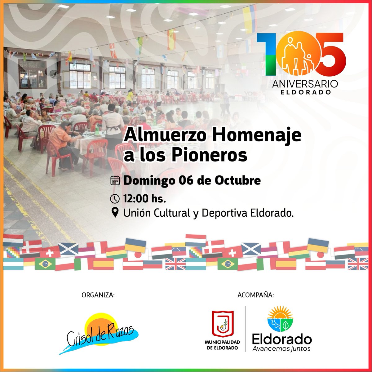 Por el 105° aniversario de la ciudad, homenajeamos a los primeros protagonistas, quienes comenzaron a escribir la historia de Eldorado.
Juntos queremos agasajar a nuestros colonos y sus familias, quienes construyeron los cimientos sobre los que esta ciudad sigue creciendo.