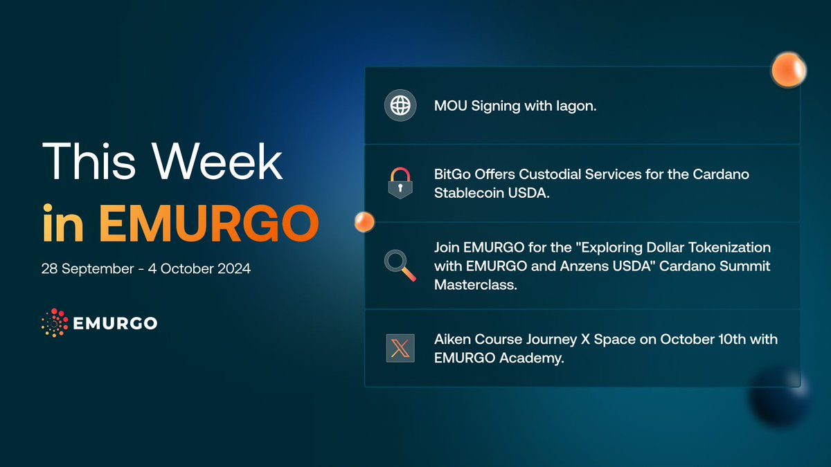 今週、EMURGOエコシステムにて数々の重要なアップデートがありました： ✏️EMURGOと@IagonOfficialが基本合意書(MOU)を締結  🎯@anzensofficialが@BitGoと提携し、AnzensのステーブルコインUSDAのセキュリティを強化 💡「EMURGOとAnzens  USDAによるドルトークン化の探求 ...