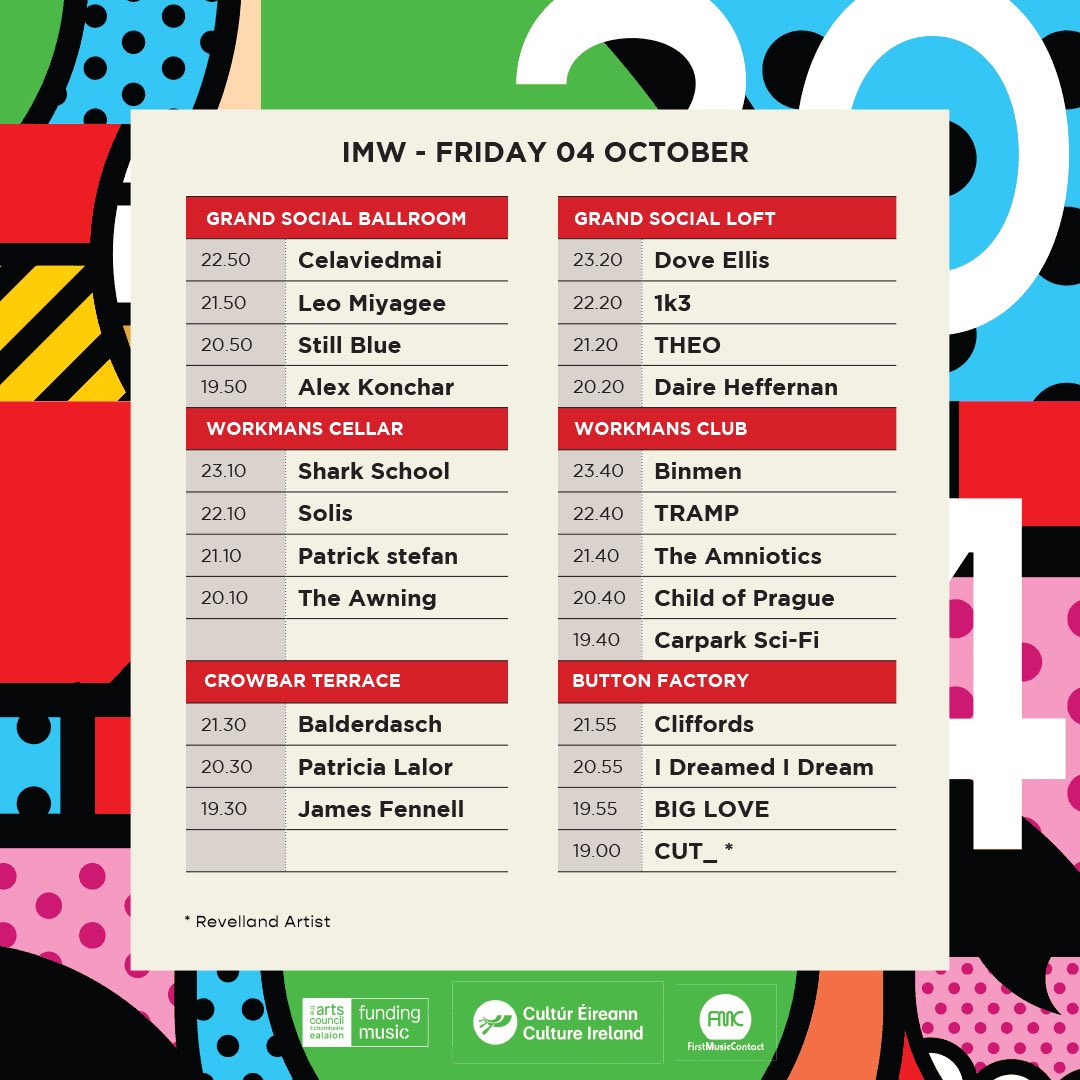 The Grand Social (@tgsdublin) on Twitter photo NIGHT 2 - IRELAND MUSIC WEEK
🔈 <a href="/IrlMusicWeek/">Ireland Music Week</a>
Lineup:
@doveellis_
@official1k3
@theomusic_
<a href="/daireheffernan/">daire Ƹ̵̡Ӝ̵̨̄Ʒ</a>
<a href="/celaviedmai/">CELAVIEDMAI</a>
@leomiyagee
<a href="/stillbluemusic/">Still Blue</a>
@alexkonchar
<a href="/culture_ireland/">Culture_Ireland</a> <a href="/artscouncil_ie/">The Arts Council / An Chomhairle Ealaíon</a> <a href="/safetocreate_ie/">SafeToCreate</a> NIGHT 2 - IRELAND MUSIC WEEK
🔈 <a href="/IrlMusicWeek/">Ireland Music Week</a>
Lineup:
@doveellis_
@official1k3
@theomusic_
<a href="/daireheffernan/">daire Ƹ̵̡Ӝ̵̨̄Ʒ</a>
<a href="/celaviedmai/">CELAVIEDMAI</a>
@leomiyagee
<a href="/stillbluemusic/">Still Blue</a>
@alexkonchar
<a href="/culture_ireland/">Culture_Ireland</a> <a href="/artscouncil_ie/">The Arts Council / An Chomhairle Ealaíon</a> <a href="/safetocreate_ie/">SafeToCreate</a>