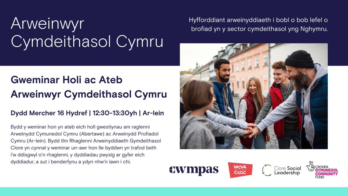 💡 Ymunwch â'n gweminar Holi ac Ateb Arweinwyr Cymdeithasol Cymru ddydd Mercher, 16 Hydref!
 
Dysgwch fwy am raglenni Arweinydd Cymunedol Cymru (Abertawe) ac Arweinydd Profiadol Cymru (Ar-lein) a chael ateb eich holl gwestiynau!

➡️: buff.ly/3TWoNqJ