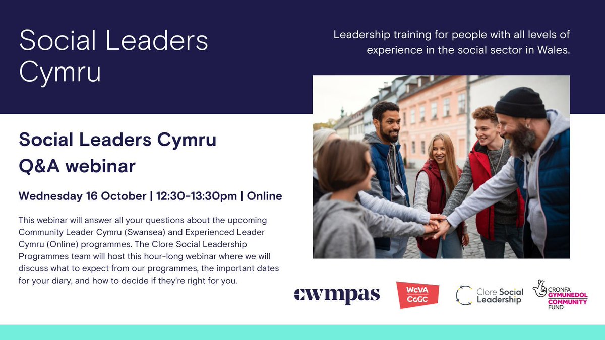 💡 Join our Social Leaders Cymru Q&amp;A webinar on Wednesday, 16 October!
 
Learn more about the upcoming Community Leader Cymru (Swansea) and Experienced Leader Cymru (Online) programmes and get all your questions answered!

➡️: buff.ly/4gQab5W