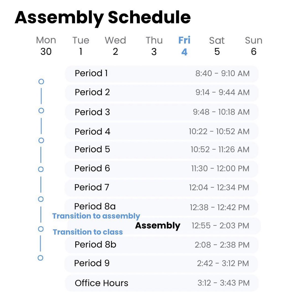 Hey, #lznation! Today is a shortened schedule due to the homecoming assembly. See below for the times of each period: