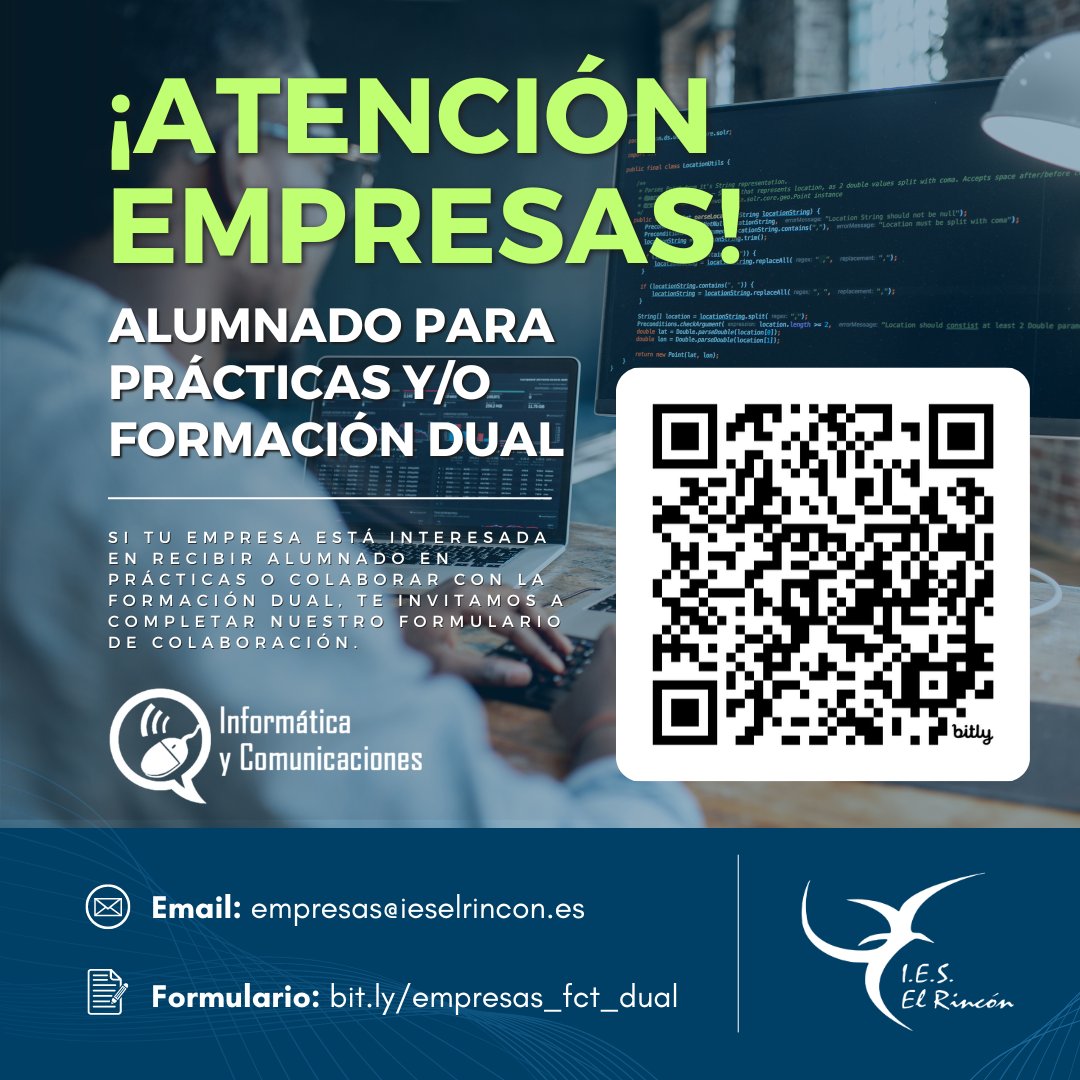 ieselrincon's tweet image. Buscamos empresas que quieran unirse a nuestra misión formativa, acogiendo a estudiantes para realizar su Formación en Centros de Trabajo (FCT) o participar en la Formación Profesional Dual. ¡Contribuye al desarrollo del talento local! ¡Contáctanos! #FPDual #FCT