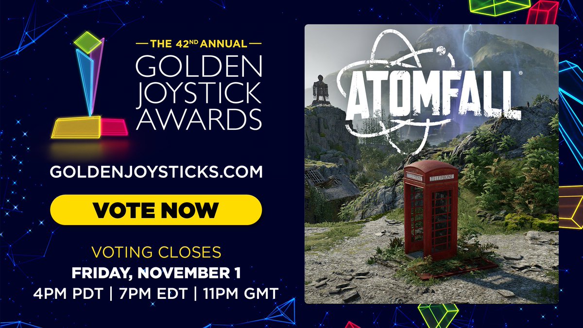 Rebellion's tweet photo. We are excited to announce our upcoming title @AtomfallGame has been shortlisted at the 42nd @GoldenJoysticks Awards!

 Shortlisted for the "Most Wanted Game" category!  🏆

Excited for Atomfall? Vote here 👉 https://t.co/7dVwE9Ui8o 

#GoldenJoystickAwards https://t.co/QOKZqCkwCi