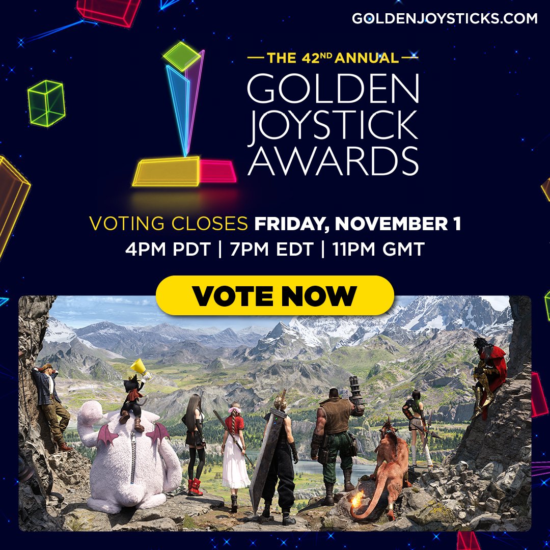 We've been nominated for five <a href="/GoldenJoysticks/">Golden Joysticks</a> Awards! #FF7R

🎮 Console Game of the Year
📖 Best Storytelling
🎵 Best Soundtrack
🗣️ Best Lead Performer – Cody Christian (Cloud)
🗣️ Best Supporting Performer – Briana White (Aerith)

Vote now: sqex.link/w3md