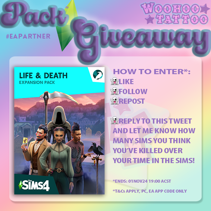 woohootattoo's tweet photo. OOH Spooky! 💀🥀👻

#EACreatorNetwork have gifted me a code for #TheSims4LifeandDeath Expansion pack... LETS GIVE IT AWAY! 

How 2 Enter:
⚰️Like, Follow &amp; Repost this tweet
⚰️Reply telling me how many sims you think you've killed😱

Ends 01NOV 19.00 ACST- EA App Only #EAPartner https://t.co/aqTf2cvsGs