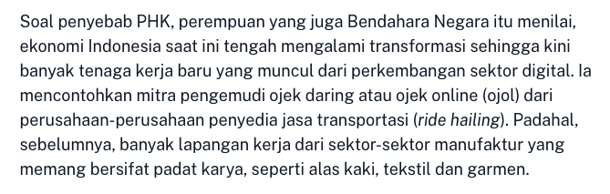 nabiylarisfa's tweet photo. Cannot believe Sri Mulyani mengambil contoh ojol sebagai bentuk lapangan kerja baru... di tahun 2024. 

Sementara kita tahu bahwa honeymoon period ojol itu sudah lewat jauh. Banyak ojol yang ingin mencari pekerjaan lain karena pendapatan yang makin kecil. https://t.co/pFnHn2mFNK