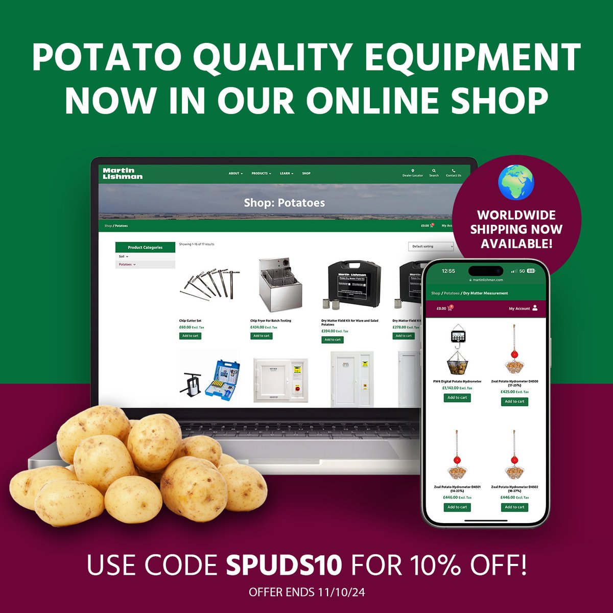 Martin_Lishman's tweet photo. We're thrilled to announce that our Potato Quality testing range is now in our online shop! 

To celebrate, we’re running a 10% offer until 11/10/24, use code: SPUDS10.

Even better, our online shop is now open to customers worldwide!

Check it out: https://t.co/NvMTwg77gy https://t.co/CAbsgMRTDV