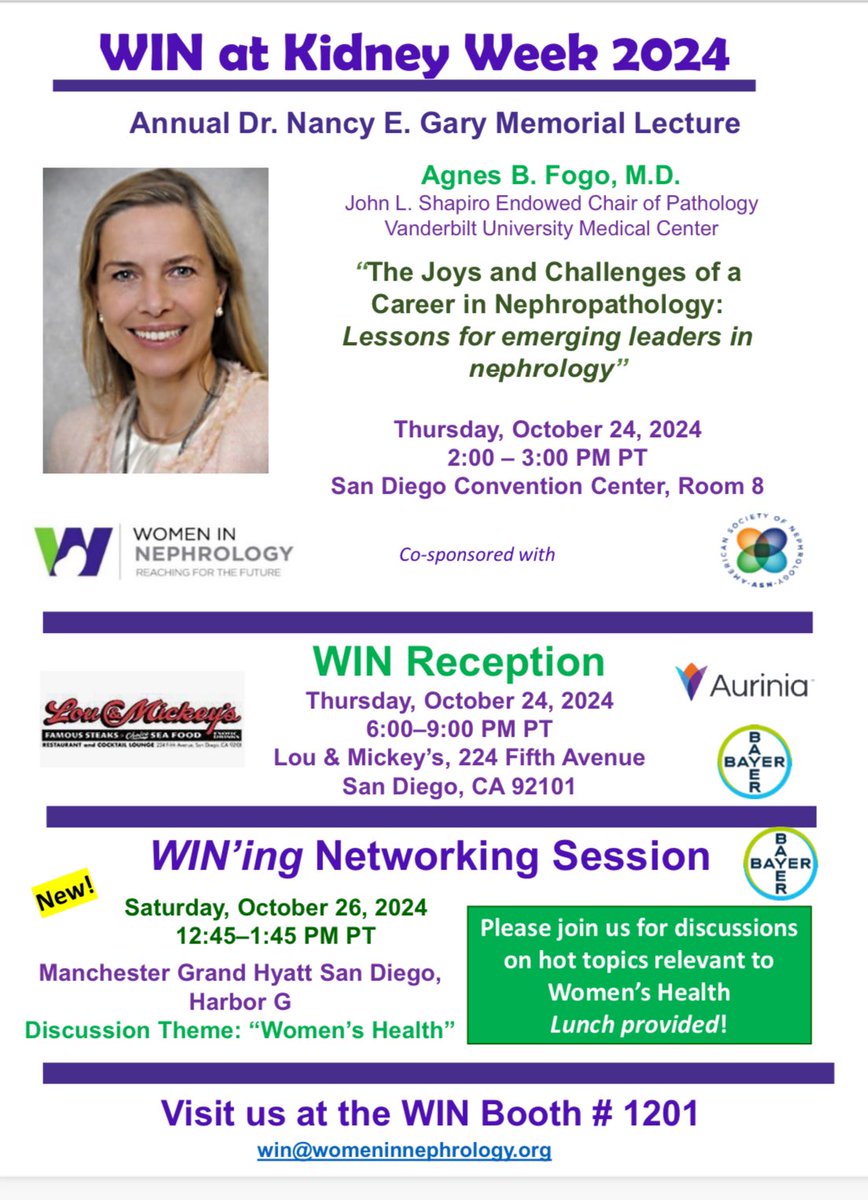 Women In Nephrology (@womeninnephro) on Twitter photo WIN is excited to have <a href="/AgnesFogo/">Agnes Fogo</a> as our Annual Nancy Gary speaker at Kidney week!!!
“The Joys and Challenges of a Career in Nephropathology: Lessons for emerging leaders in Nephrology”
Join us on Oct 24, 2024
from 2-3 pm PT at San Diego convention center, Room 8
<a href="/ASNKidney/">American Society of Nephrology</a> WIN is excited to have <a href="/AgnesFogo/">Agnes Fogo</a> as our Annual Nancy Gary speaker at Kidney week!!!
“The Joys and Challenges of a Career in Nephropathology: Lessons for emerging leaders in Nephrology”
Join us on Oct 24, 2024
from 2-3 pm PT at San Diego convention center, Room 8
<a href="/ASNKidney/">American Society of Nephrology</a>