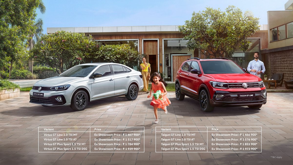 volkswagenindia's tweet photo. From city streets to open roads & every hidden gem in between, the new Virtus & Taigun GT Line are truly #StyledToWander.
Experience elegance & sportiness with its iconic 1.0L TSI engine, Electric Sunroof, 25.65cm touchscreen infotainment, & more. Test drive today.
#Volkswagen https://t.co/0mqhVe7zzP