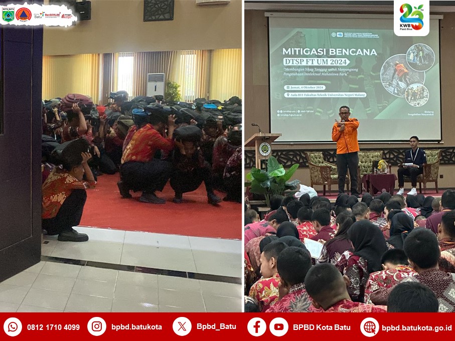 Dalam Rangkaian Bulan Pengurangan Risiko Bencana, untuk meningkatkan kewaspadaan dan kesiapsiagaan menghadapi bencana gempa bumi, BPBD Kota Batu melaksanakan Kegiatan Sosialisasi dan Simulasi bersama Mahasiswa Baru Fakultas Teknik Universitas Negeri Malang Angkatan 2024.