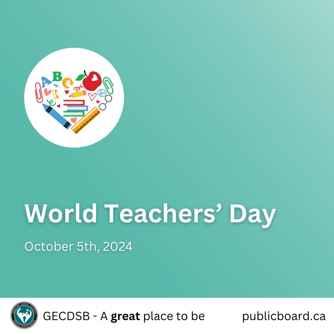 Tomorrow is World Teachers’ Day. 

To all of our GECDSB educators, we want to thank you for your dedication and the incredible work you do to support our students and their families. We also want to recognize those who work alongside teachers every day—education wouldn’t be