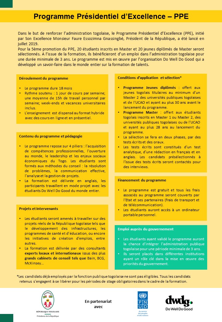 Chers jeunes togolais, j’ai le plaisir de vous annoncer l'ouverture officielle des candidatures pour la 5ème cohorte du Programme Présidentiel d'Excellence.

Je vous encourage fortement à saisir cette opportunité.

Bonne chance !