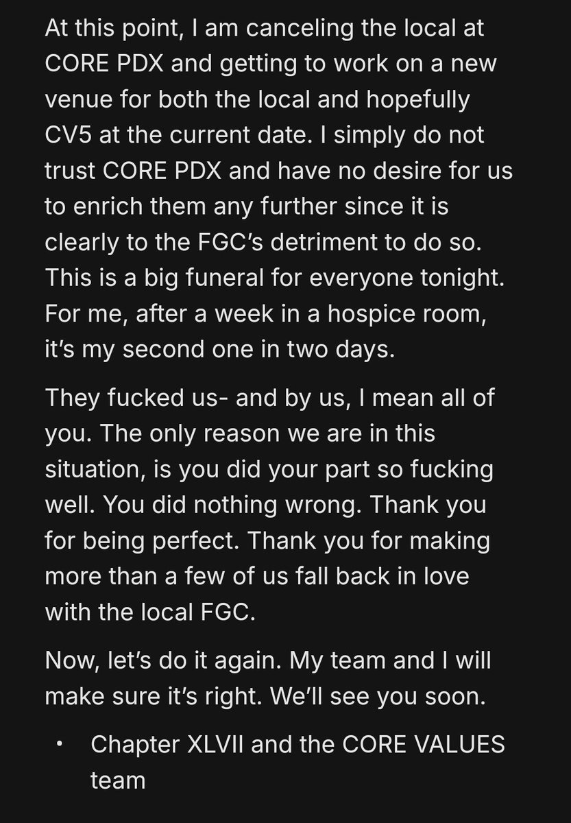 Concerning the cancellation of the FAUSTIAN FRIDAYS local and pausing CORE VALUES V reg:
